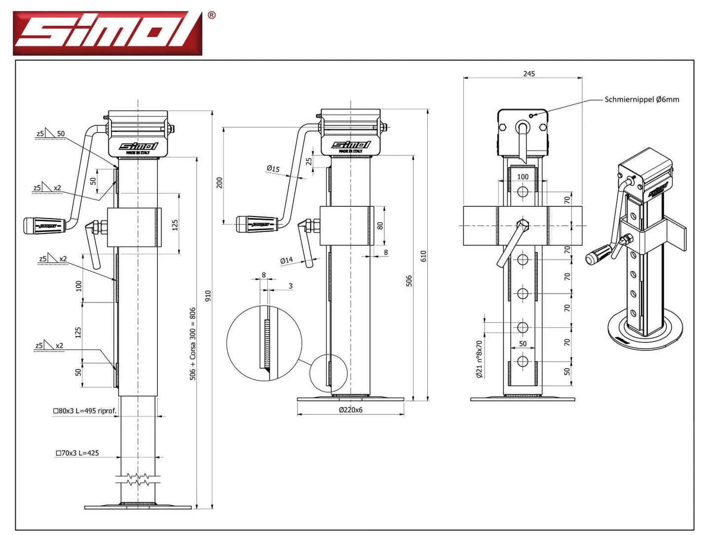 Simol 4000kg Stützfuß mit Kurbel Befestigungsplatte