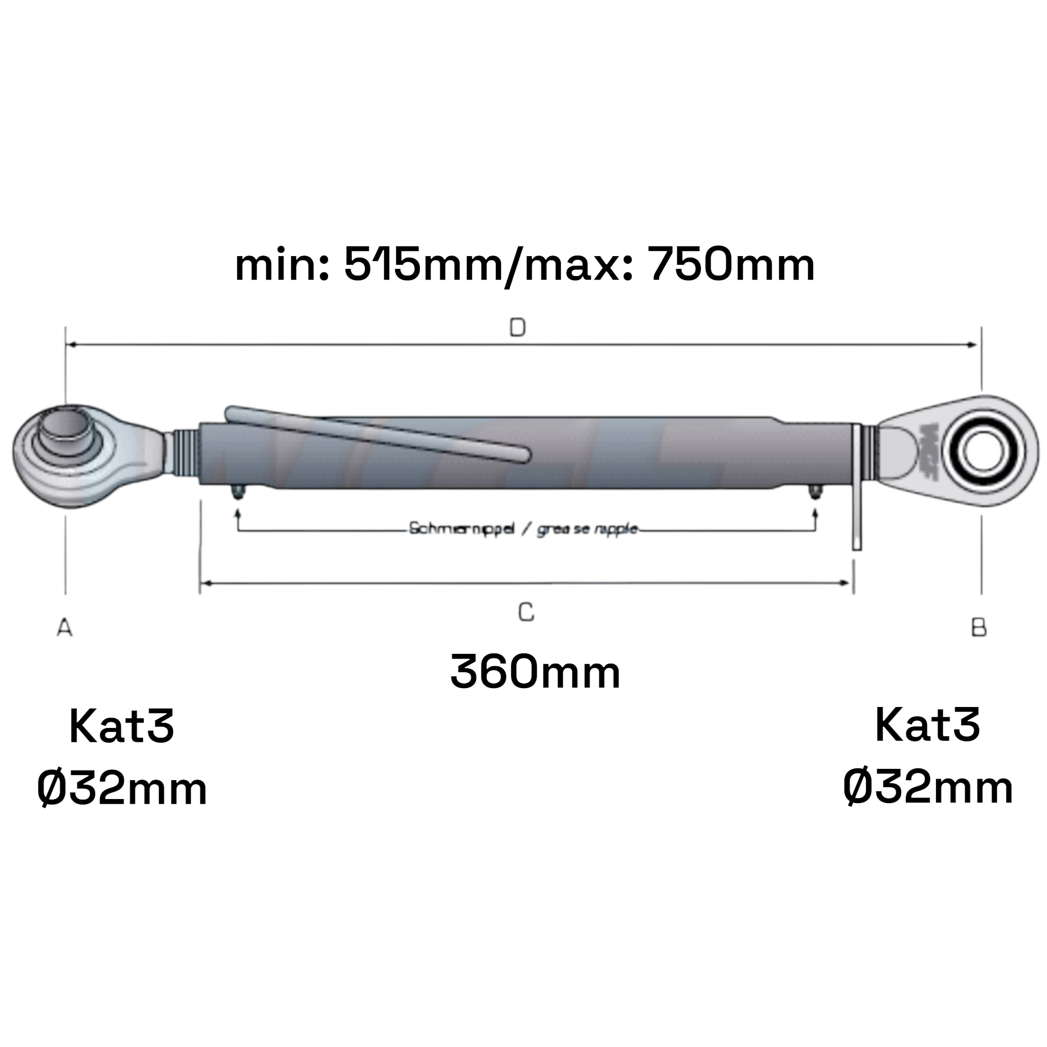 Oberlenker Kat 3-3 (30 To.) M36x3mm / 515-750mm