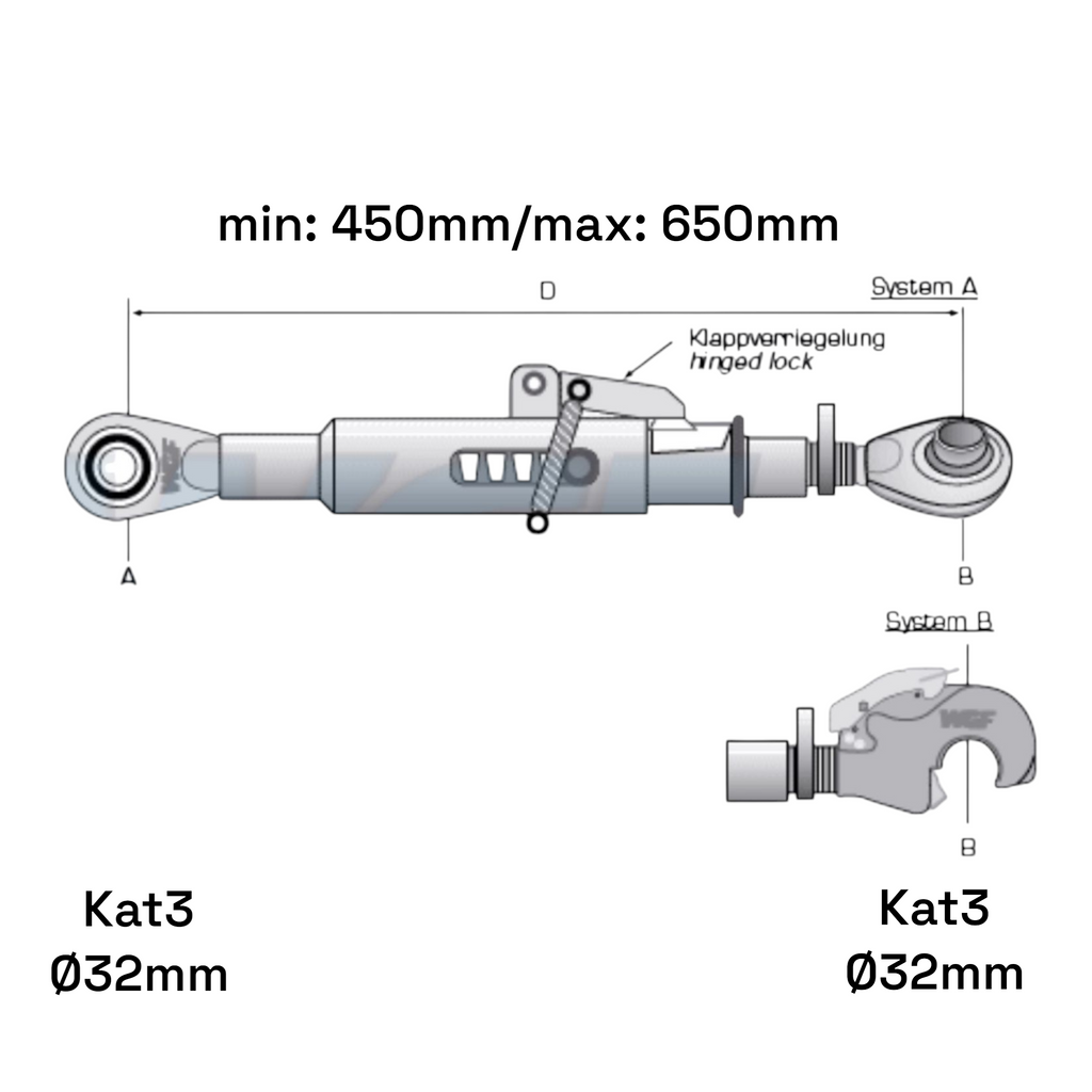 Teleskop Oberlenker Kat 3-3 Fronthydraulik M36x3mm / 450-650mm