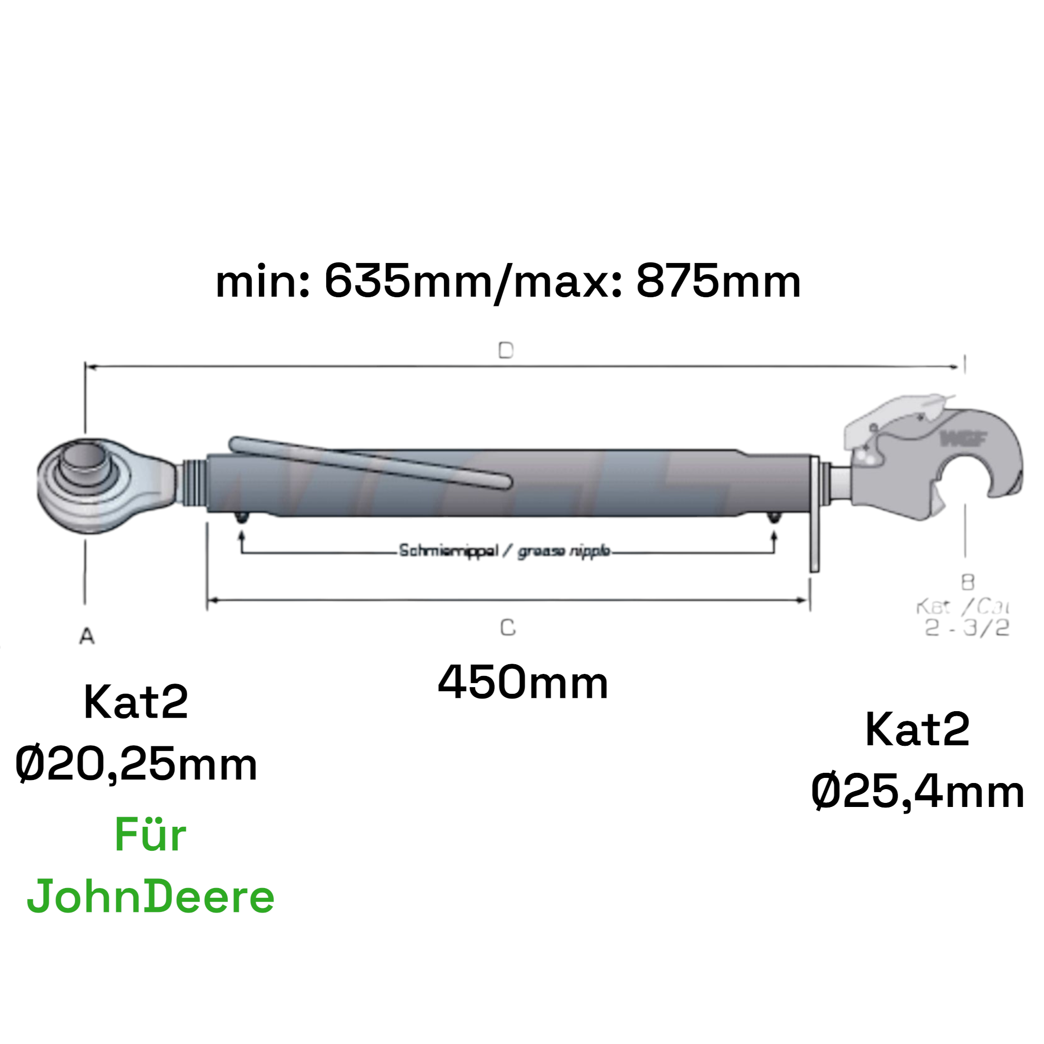 Oberlenker Fanghaken Kat 2-2 für John Deere M30x3,5mm / 635-875mm (24 To.)