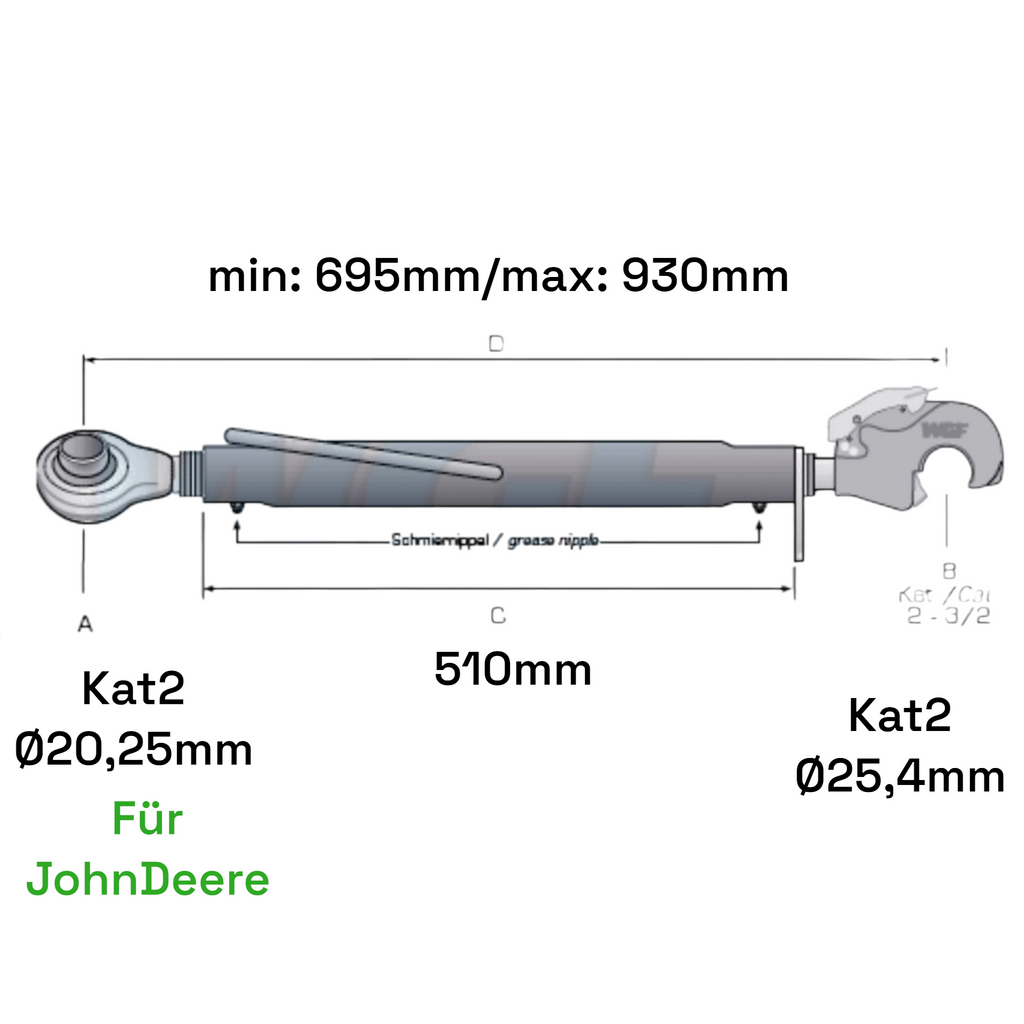 Oberlenker Fanghaken Kat 2-2 für John Deere M30x3,5mm / 695-930mm (24 To.)
