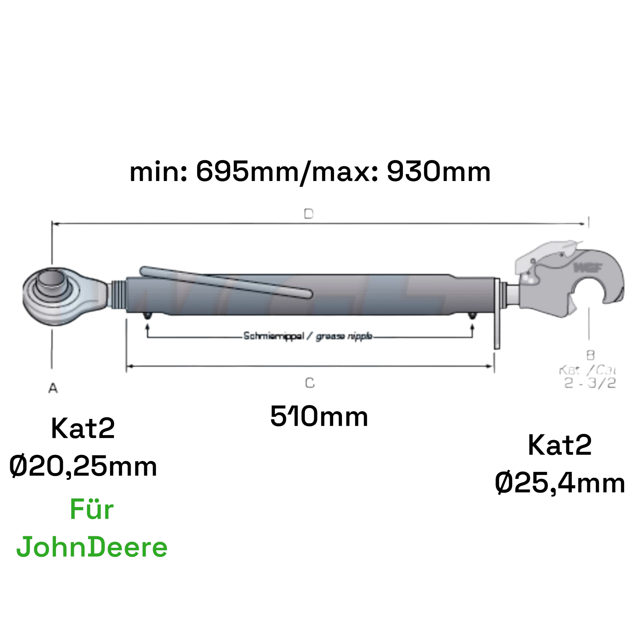 Oberlenker Fanghaken Kat 2-2 für John Deere M30x3,5mm / 695-930mm (24 To.)