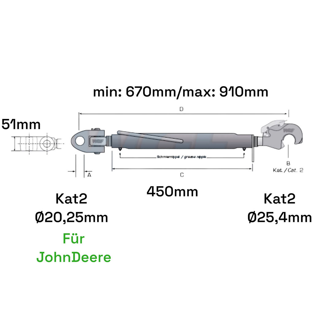 Fanghaken Oberlenker Gabelkopf  Kat 2-2 für John Deere M30x3,5mm / 670-910mm (24 To.)