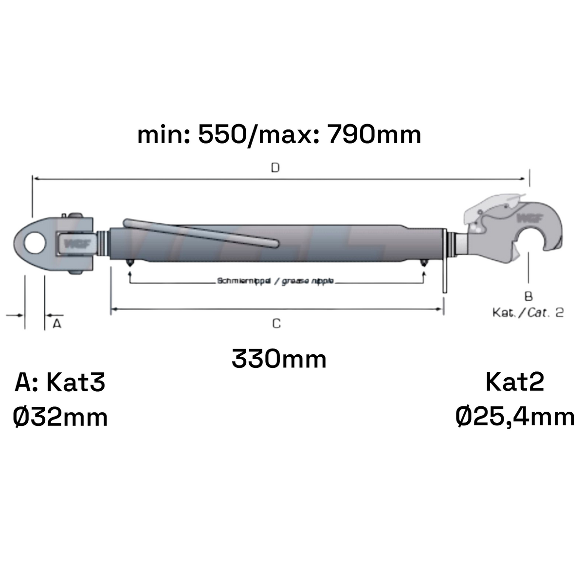 Fanghaken Oberlenker Gabelkopf  Kat 3-2 M30x3,5mm / 550-790mm (24 To.)