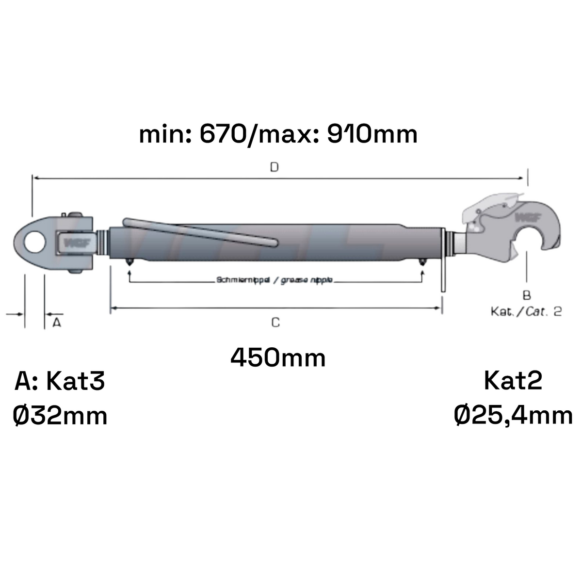 Fanghaken Oberlenker Gabelkopf  Kat 3-2 M30x3,5mm / 670-910mm (24 To.)