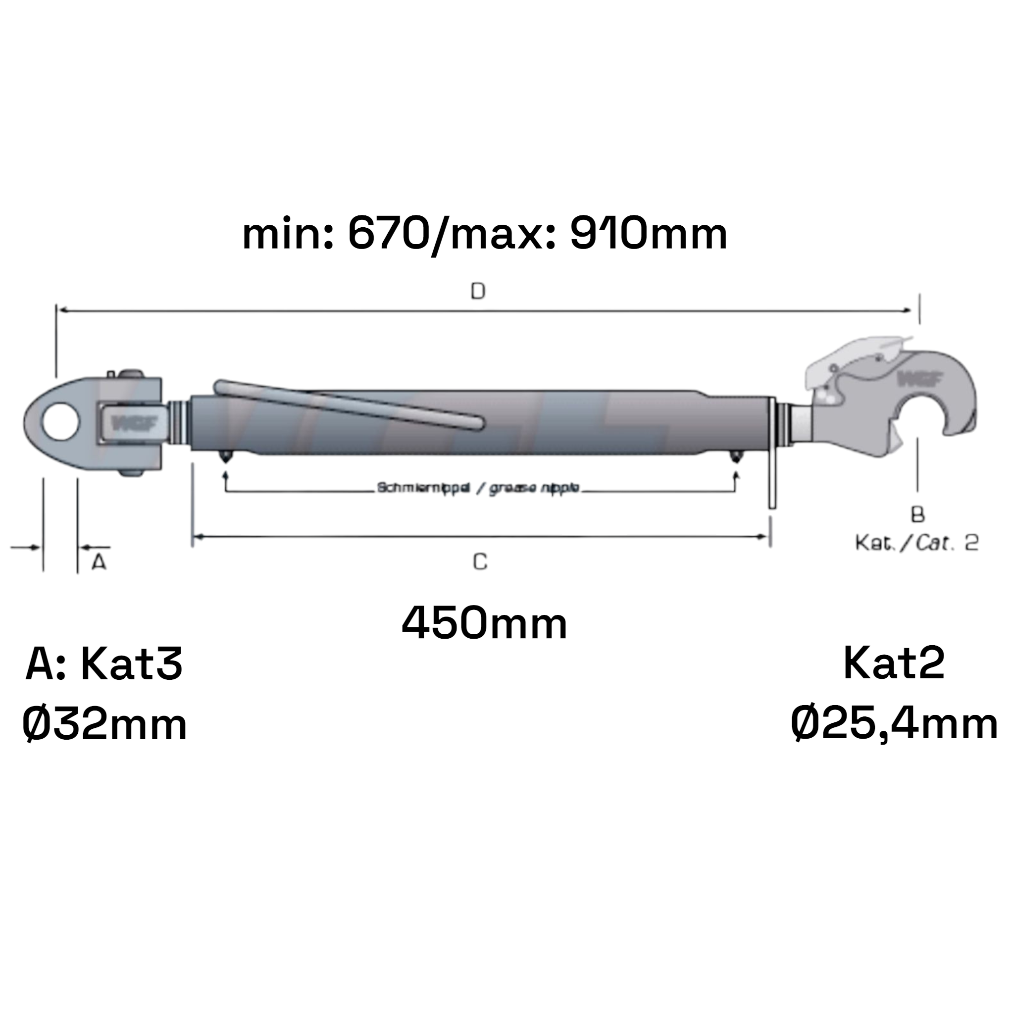Fanghaken Oberlenker Gabelkopf  Kat 3-2 M30x3,5mm / 670-910mm (24 To.)