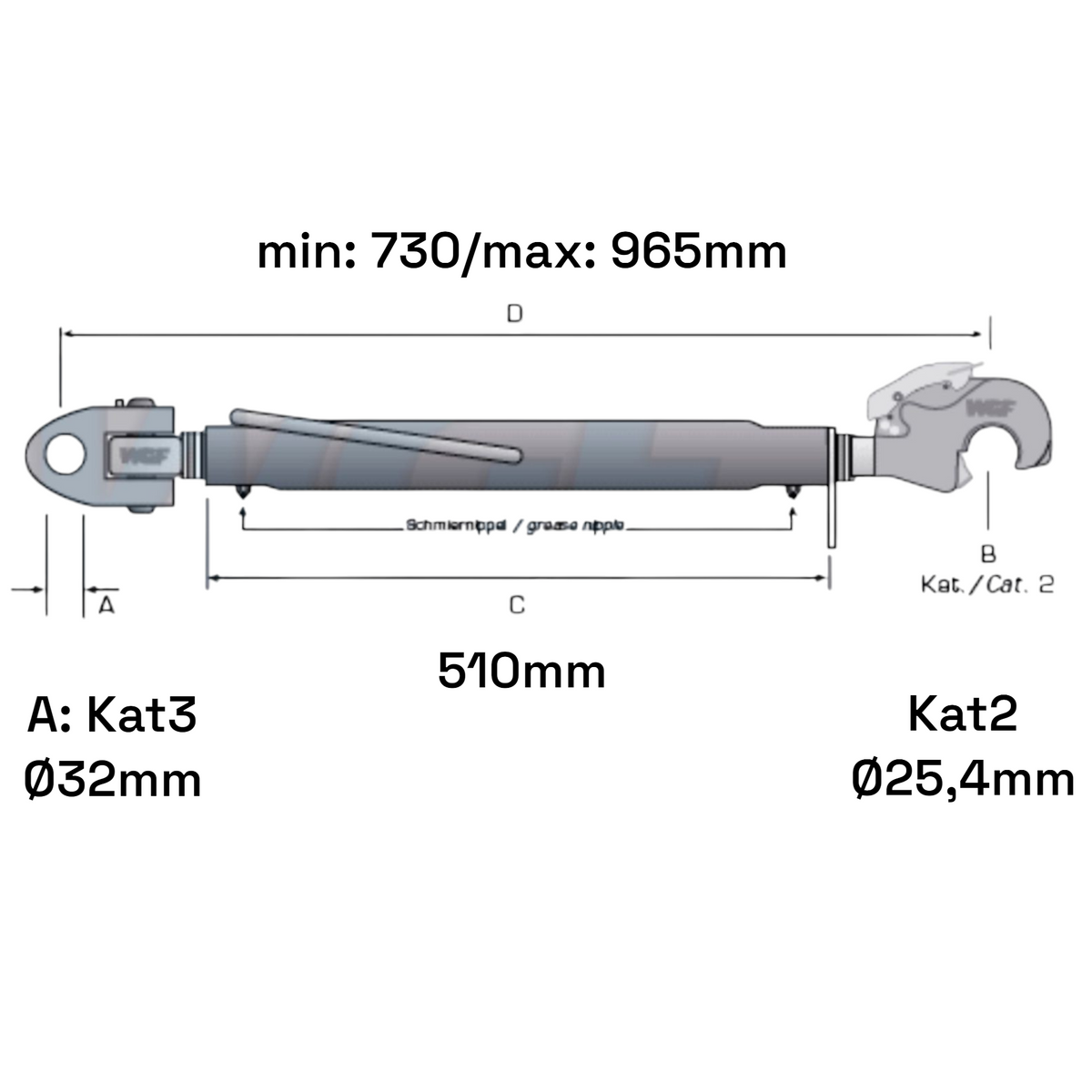 Fanghaken Oberlenker Gabelkopf  Kat 3-2 M30x3,5mm / 730-965mm (24 To.)