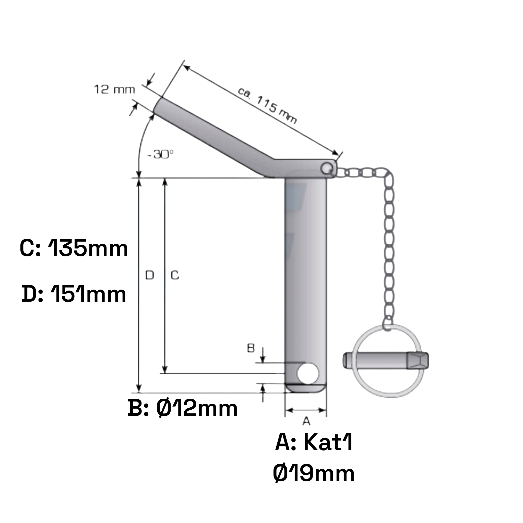 Oberlenker Sicherungsbolzen Kat 1  135mm mit Kette und Griff