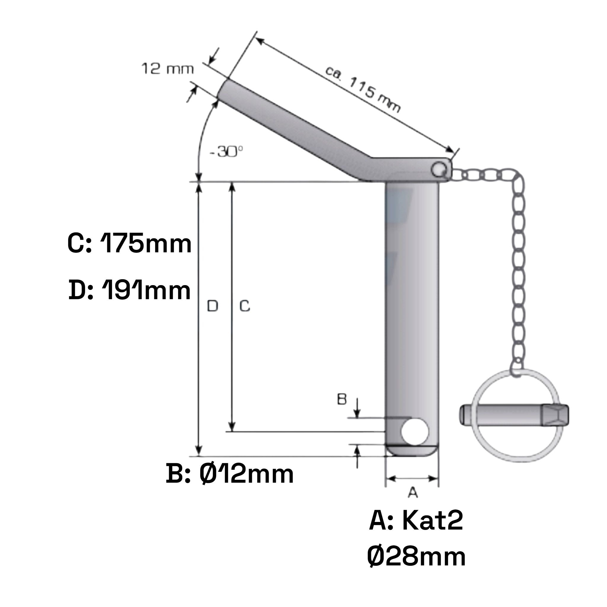 Unterlenker Sicherungsbolzen Kat 2  175mm mit Kette und Griff