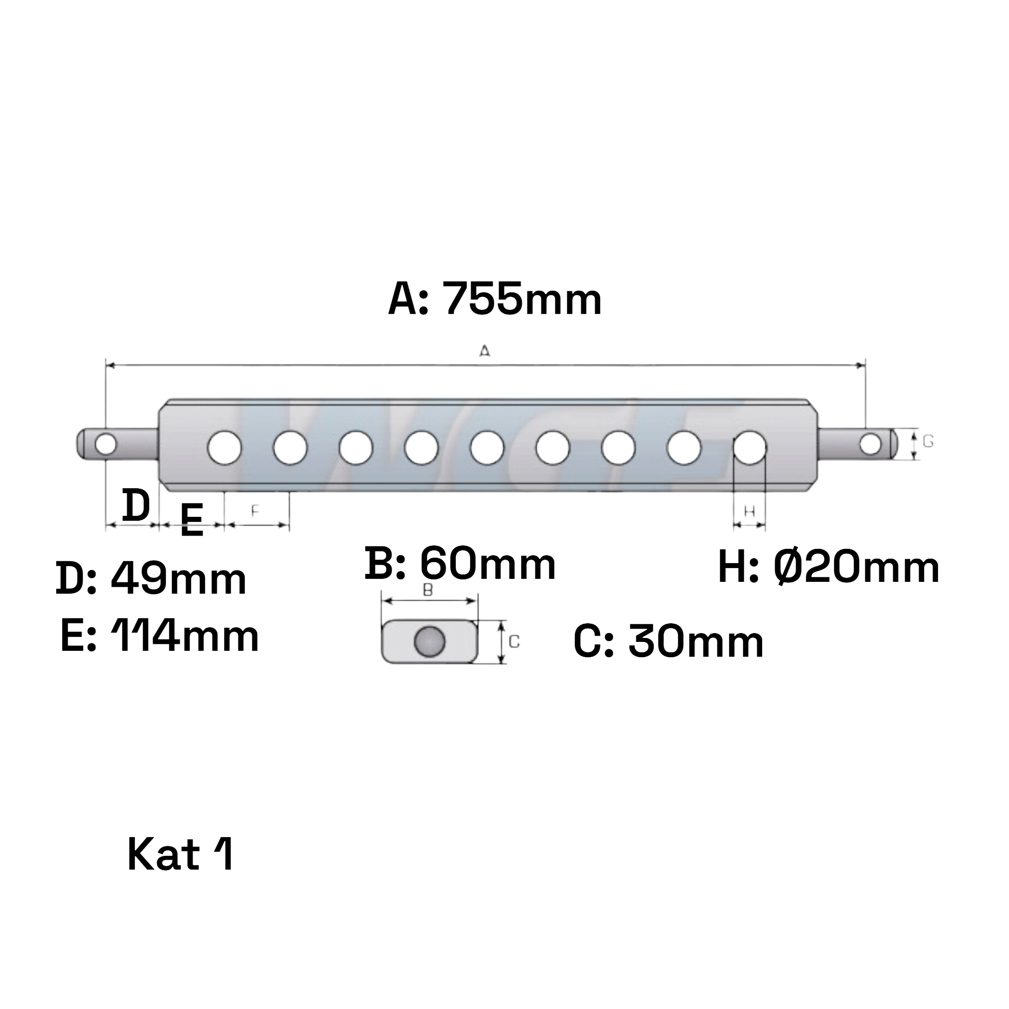 Ackerschiene Kat 1 755mm mit 9 Löchern Ø 20