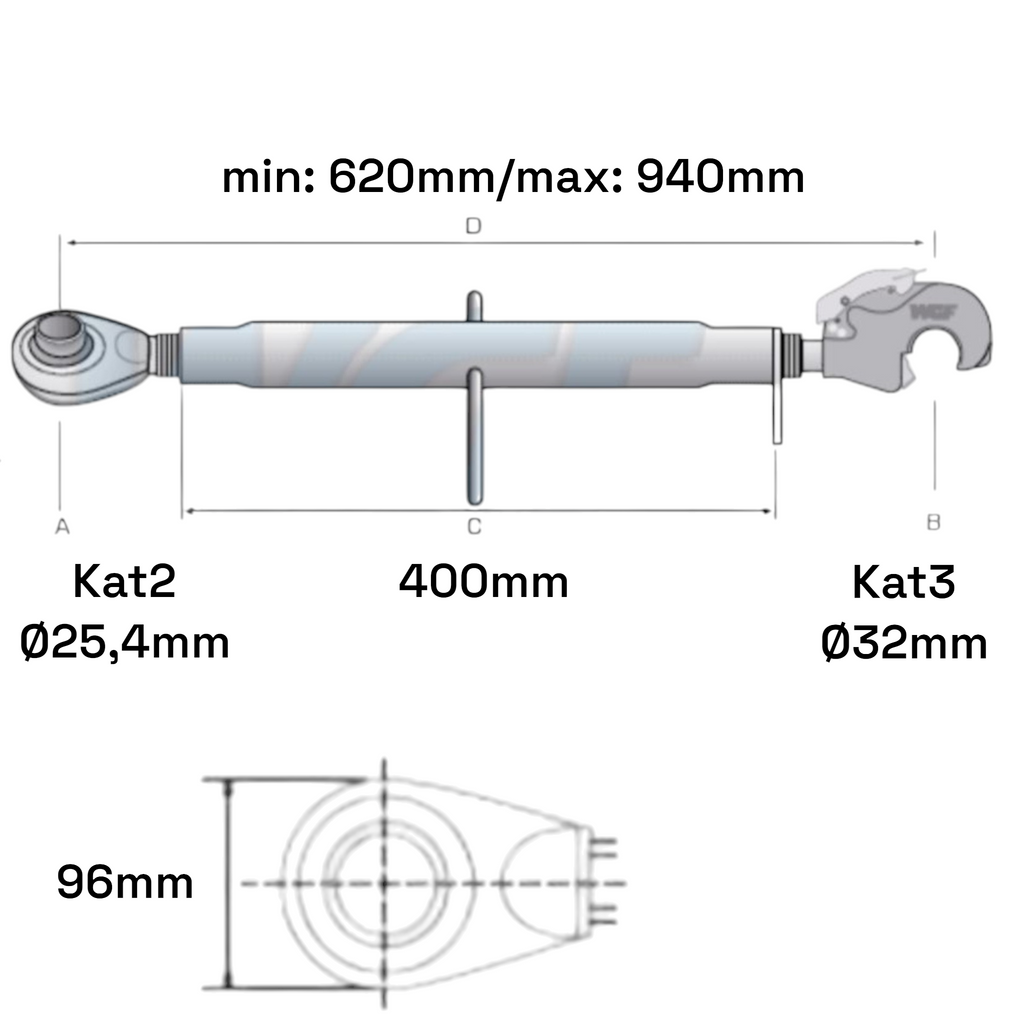 Oberlenker mit Fanghaken Kat 2-3 Extra Schwer M36x3 / 620-940mm