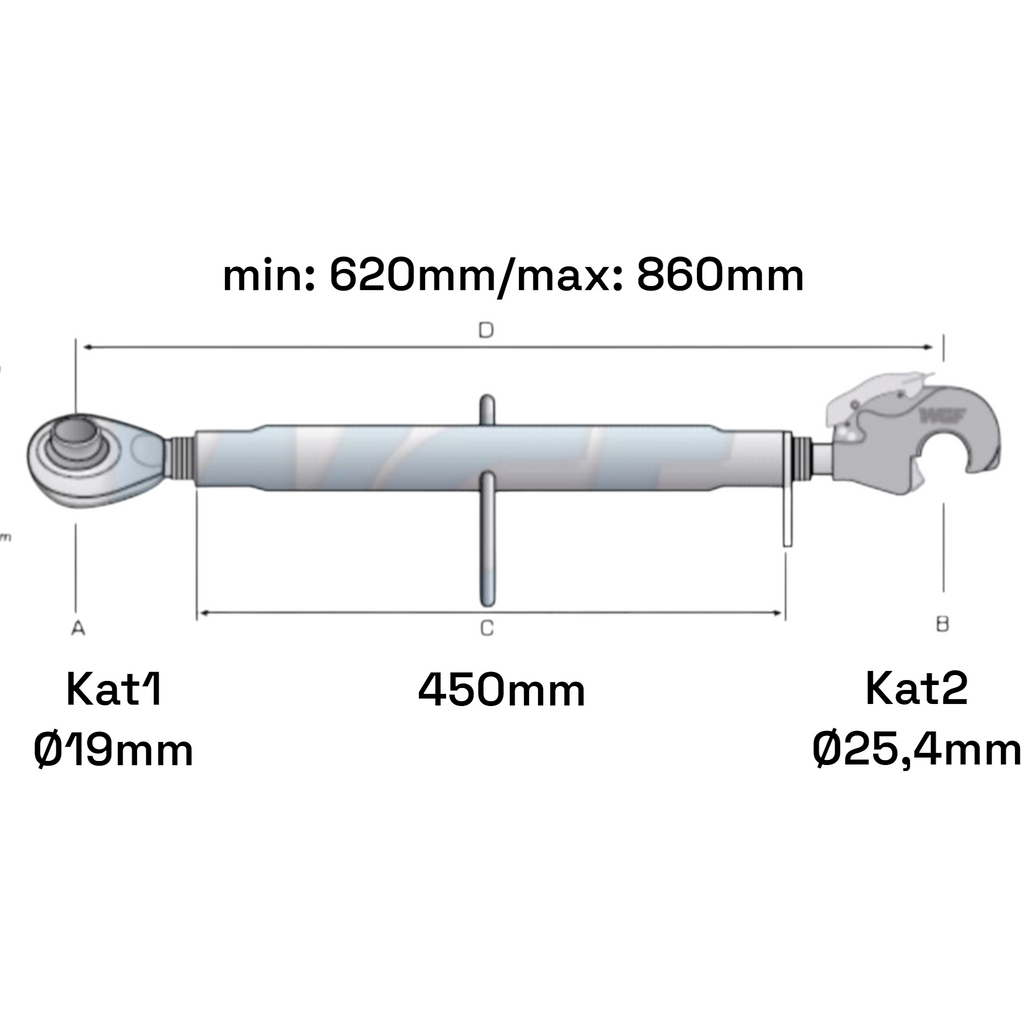 Oberlenker mit Fanghaken Kat 1-2 M30x3,5 / 620-860mm
