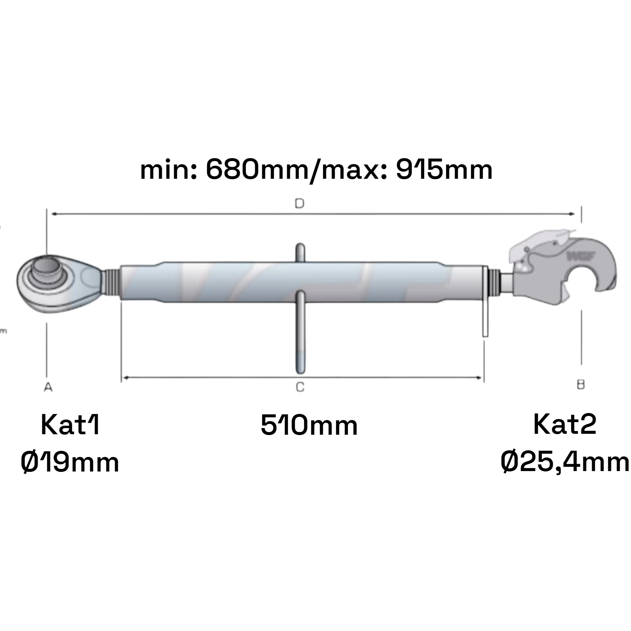 Oberlenker mit Fanghaken Kat 1-2 M30x3,5 / 680-915mm