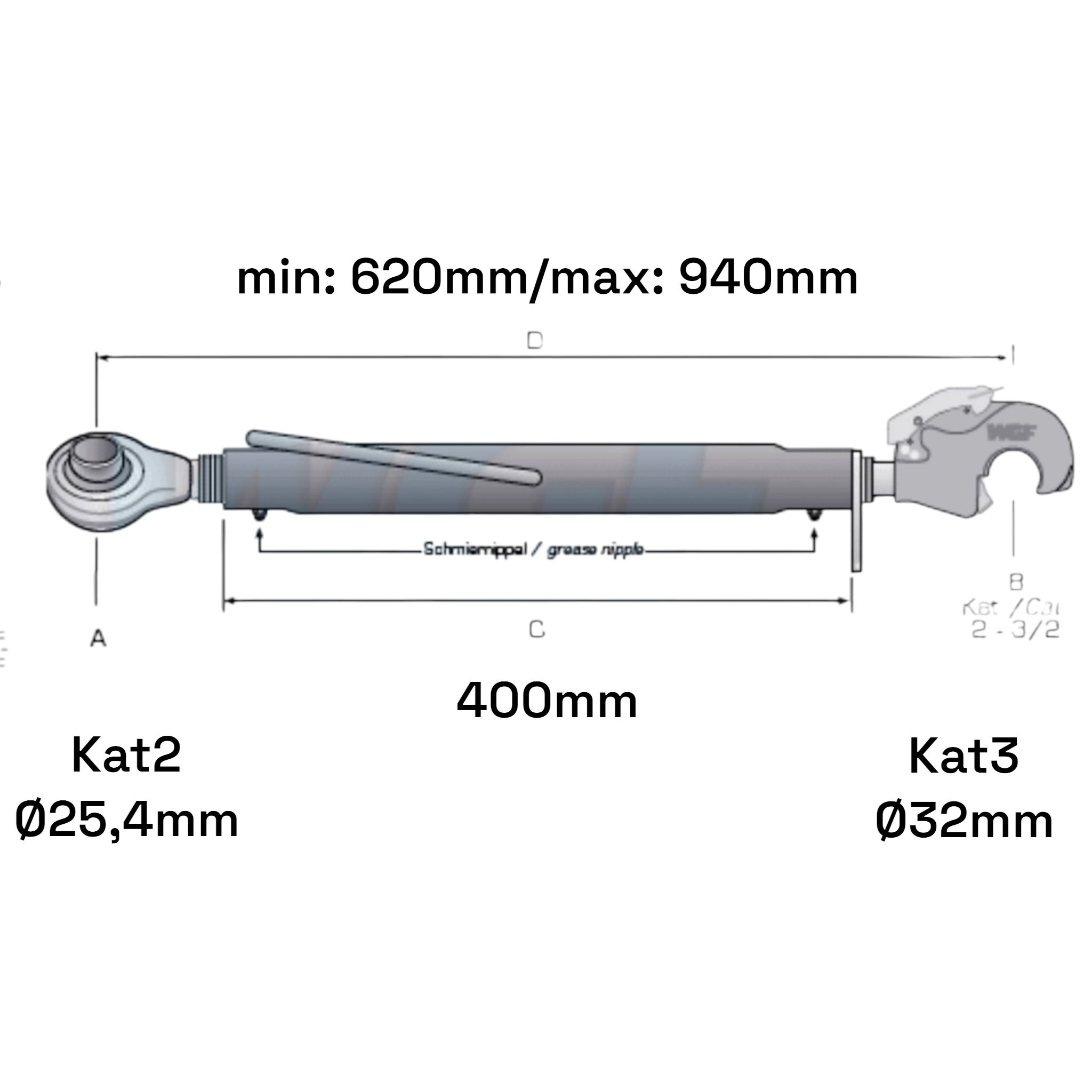 Oberlenker mit Fanghkaken Kat 2-3 (30 To.) M36x3 / 620-940mm