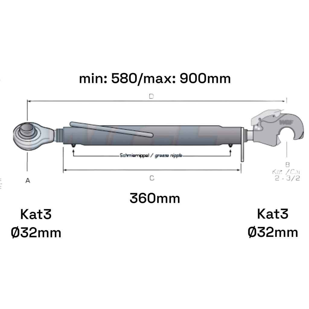 Oberlenker mit Fanghaken Kat 3-3 (30 To.) M36x3 / 580-900mm