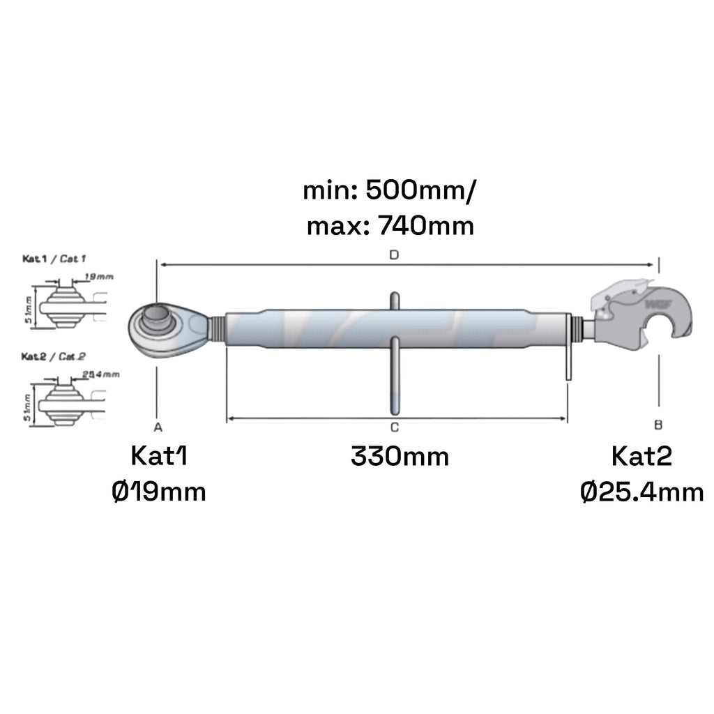 Oberlenker mit Fanghaken Kat 1-2 M30x3,5 / 500-740mm