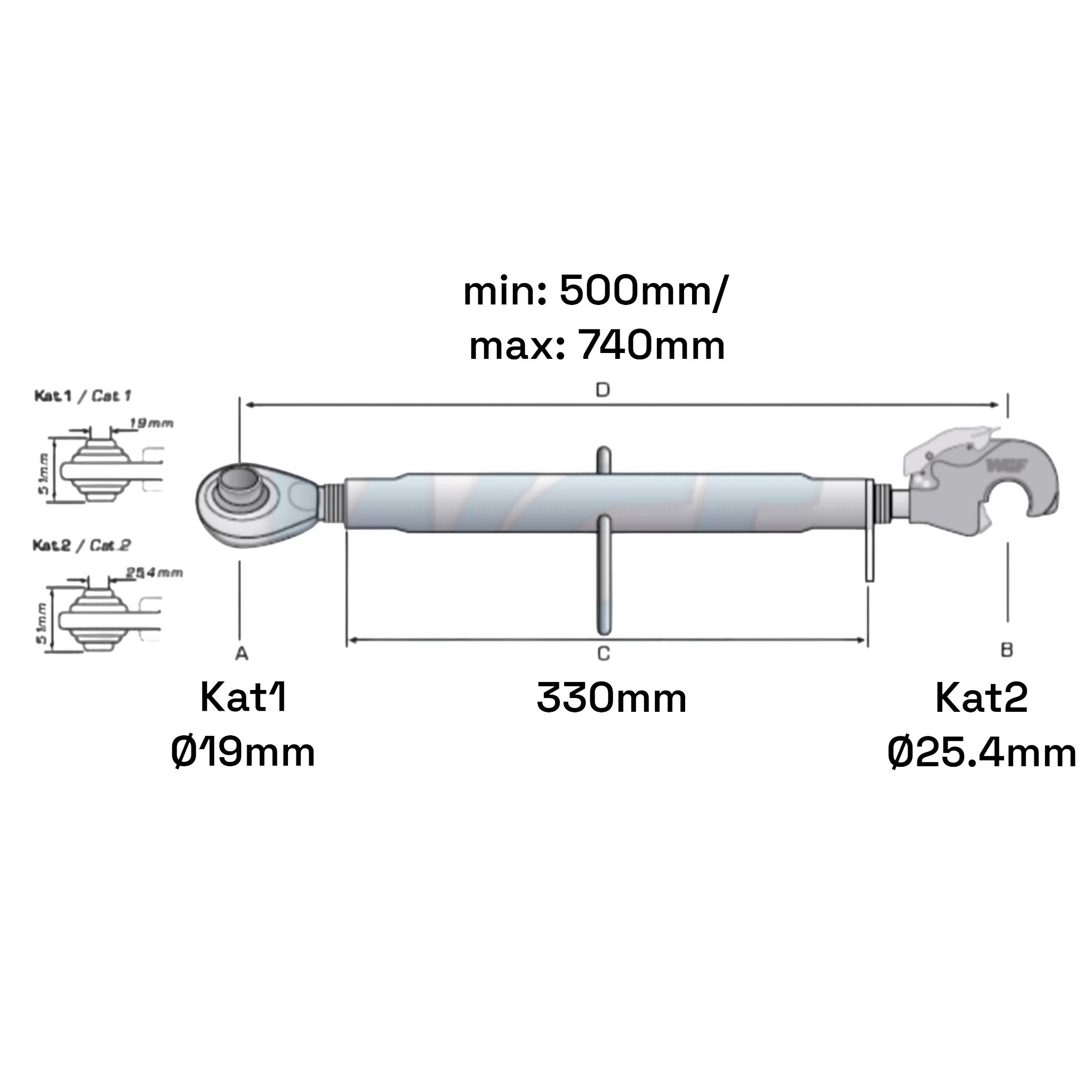 Oberlenker mit Fanghaken Kat 1-2 M30x3,5 / 500-740mm