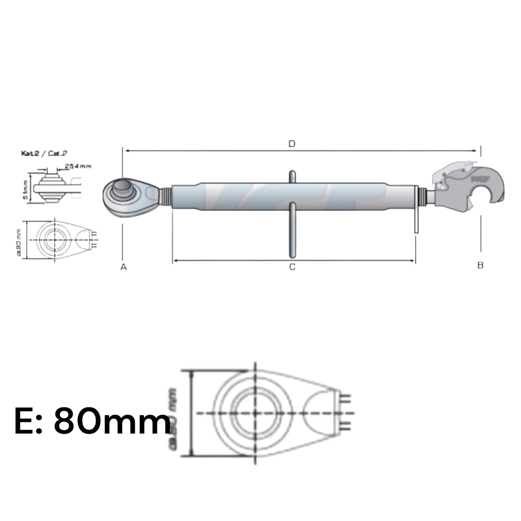 Oberlenker mit Fanghaken Kat 2-3 Schwer M36x3 / 620-940mm