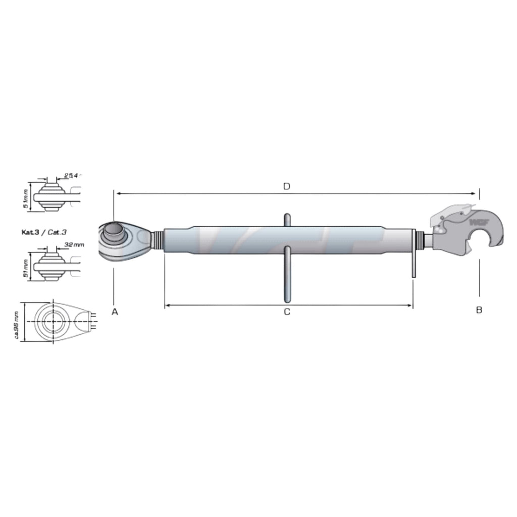Oberlenker mit Fanghaken Kat 3-3 Extra Schwer M40x3 / 840-1160mm