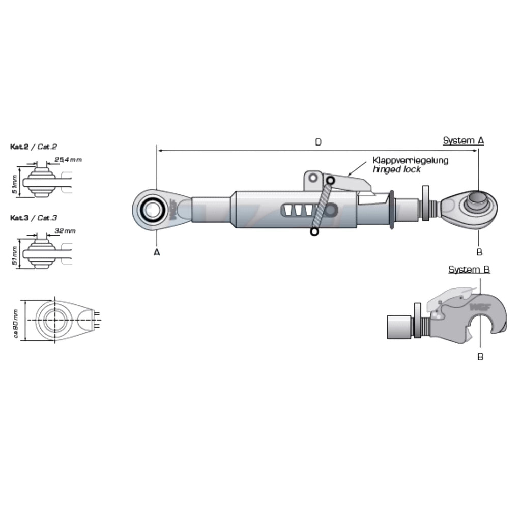 Teleskop Oberlenker Fanghaken Kat 2-3 Fronthydraulik M36x3mm / 500-700mm