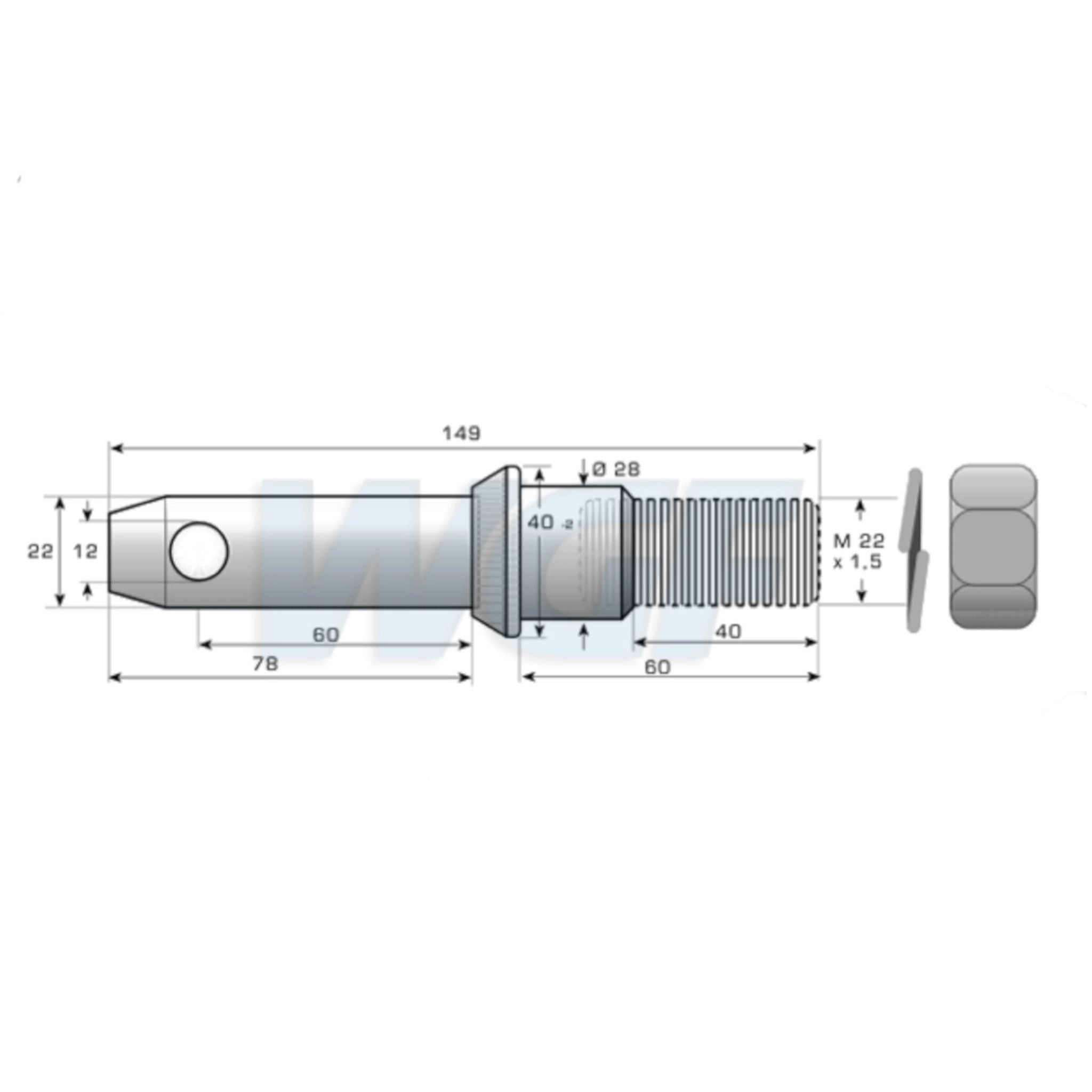 Unterlenkergerätebolzen Kat 1-2 / 149mm Gewindebolzen