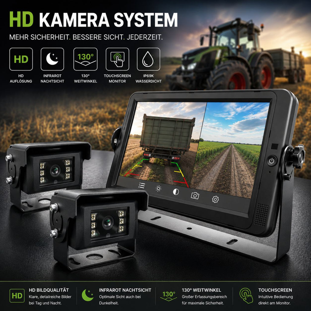 Profi HD Rückfahrkamera System 10 Zoll Splitscreen Touchscreen 130° Infrarot Kamera Kabelgebunden für Traktor & Baumaschinen