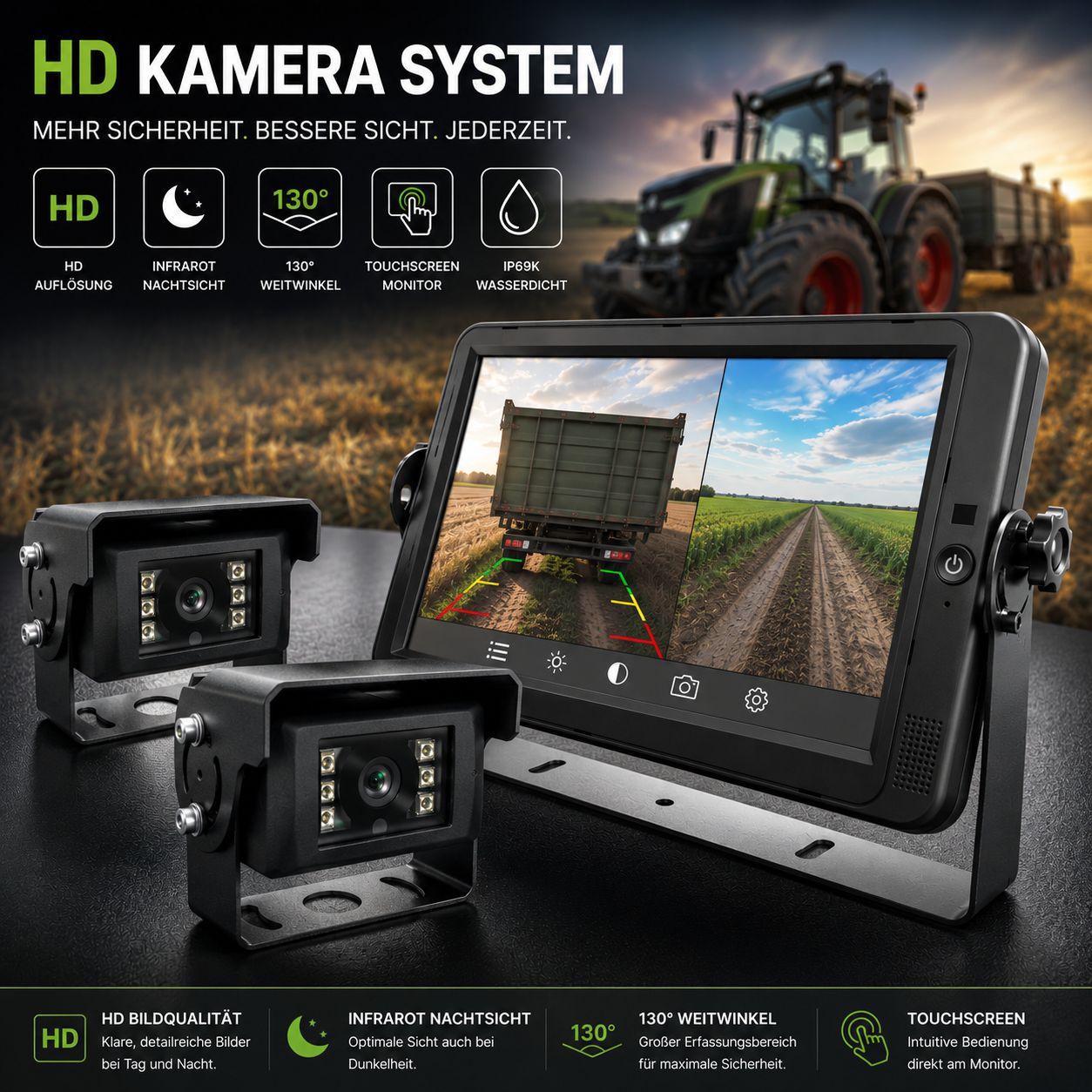Profi HD Rückfahrkamera System 10 Zoll Splitscreen Touchscreen 130° Infrarot Kamera Kabelgebunden für Traktor & Baumaschinen
