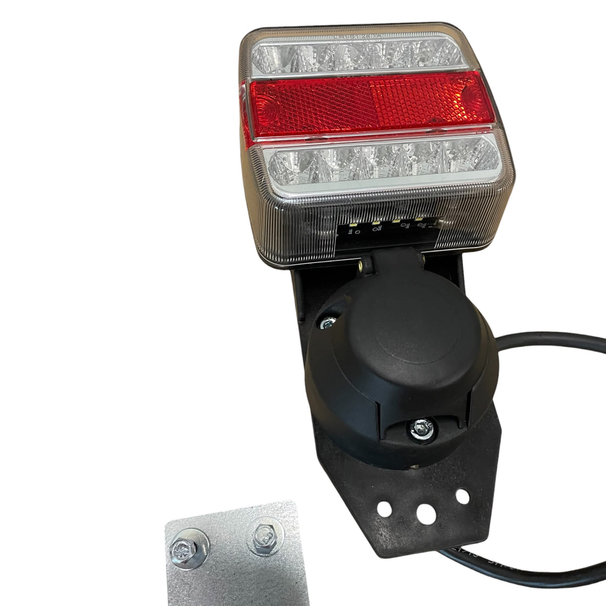 Dreifunktions-Kabelleuchte LED mit Steckdose, mit Kennzeichenhalter, 2x LED-Kammerleuchte, 2x Dreieckreflektoren an Pendelhaltern, Hauptkabel 7,5m, Zwischenkabel 2,2m