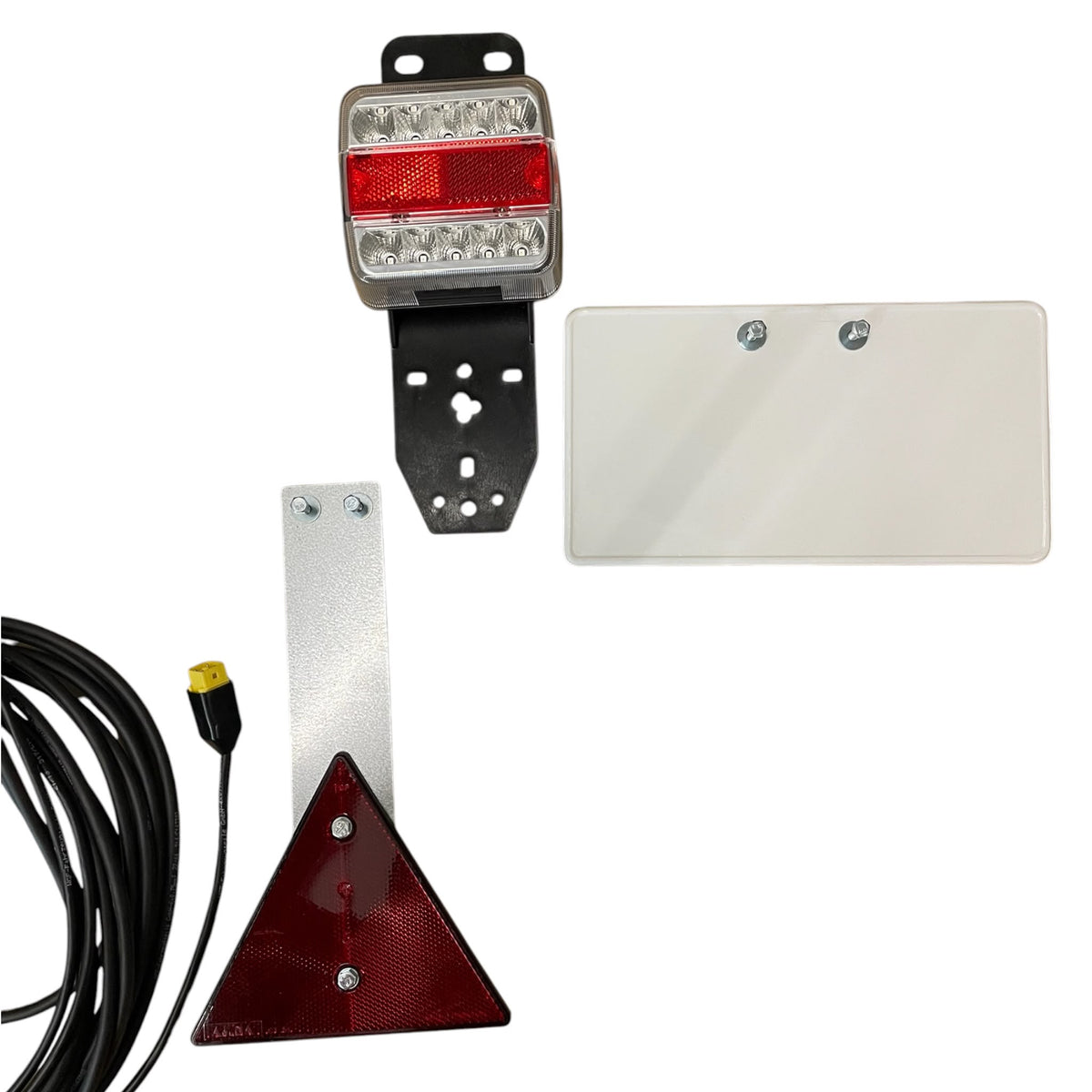 Dreifunktions-Kabelleuchte LED mit Steckdose, mit Kennzeichenhalter, 2x LED-Kammerleuchte, 2x Dreieckreflektoren an Pendelhaltern, Hauptkabel 7,5m, Zwischenkabel 2,2m