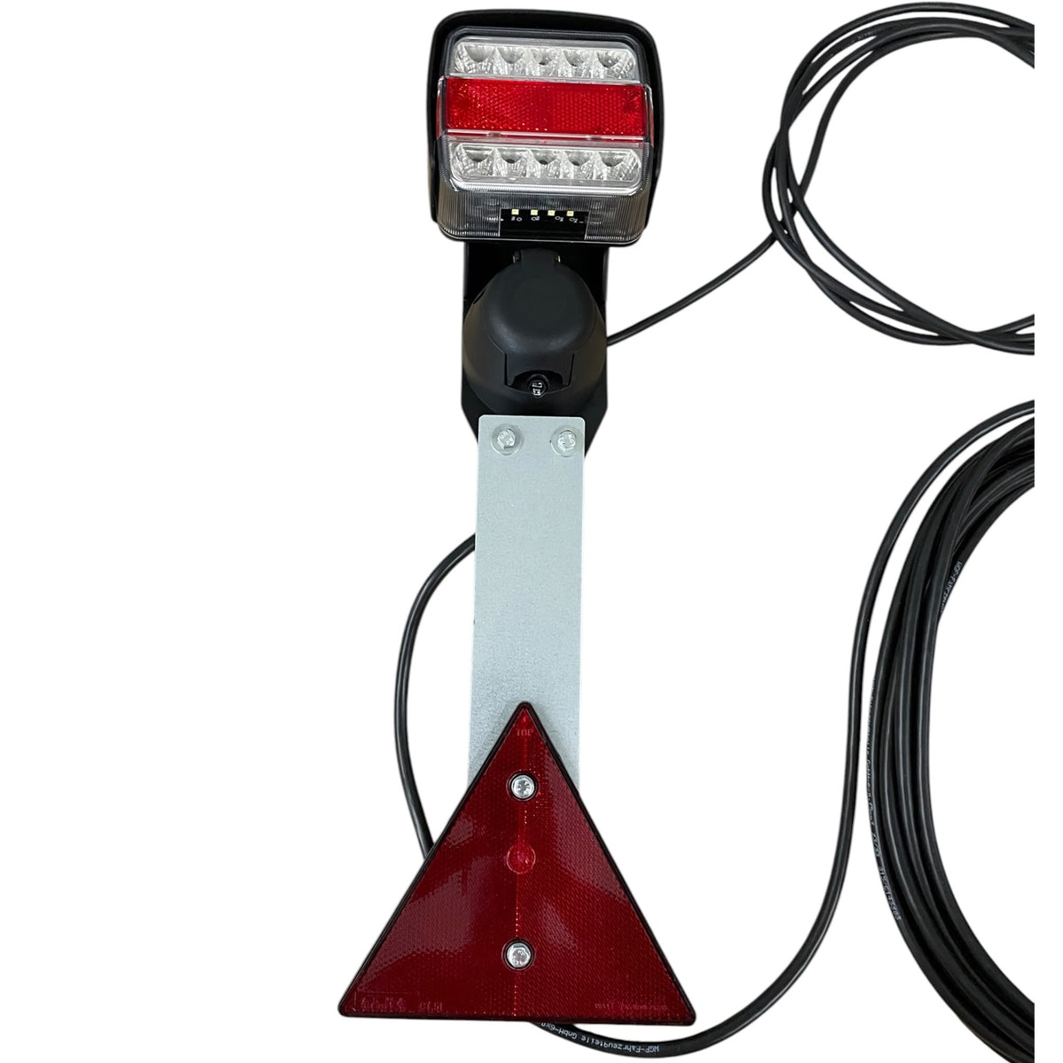 Dreifunktions-Kabelleuchte LED mit Schlagschutzgehäuse, mit Steckdose, mit Kennzeichenhalter, 2x LED-Kammerleuchte, 2x Dreieckreflektoren an Pendelhaltern, Hauptkabel 7,5m, Zwischenkabel 2,2m
