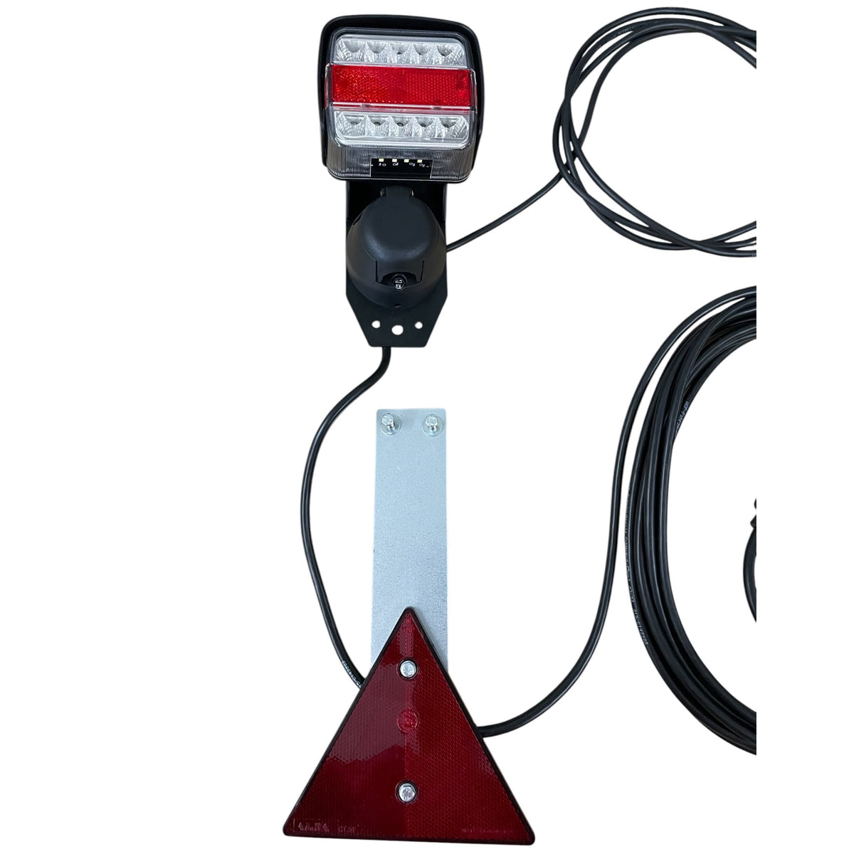 Dreifunktions-Kabelleuchte LED mit Schlagschutzgehäuse, mit Steckdose, mit Kennzeichenhalter, 2x LED-Kammerleuchte, 2x Dreieckreflektoren an Pendelhaltern, Hauptkabel 7,5m, Zwischenkabel 2,2m