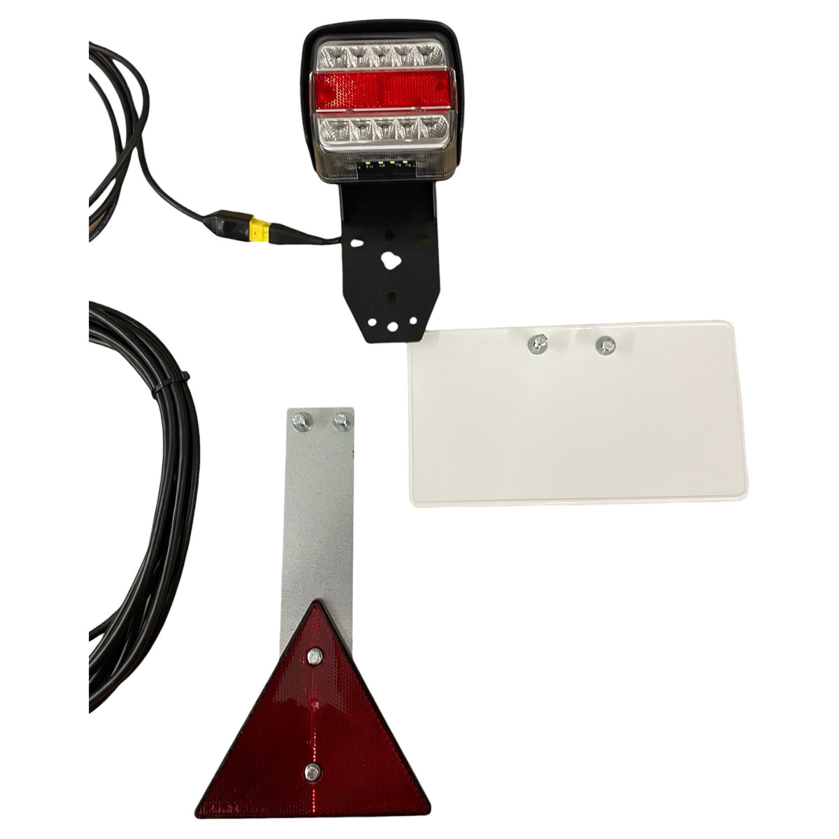 Dreifunktions-Kabelleuchte LED mit Schlagschutzgehäuse, mit Steckdose, mit Kennzeichenhalter, 2x LED-Kammerleuchte, 2x Dreieckreflektoren an Pendelhaltern, Hauptkabel 7,5m, Zwischenkabel 2,2m